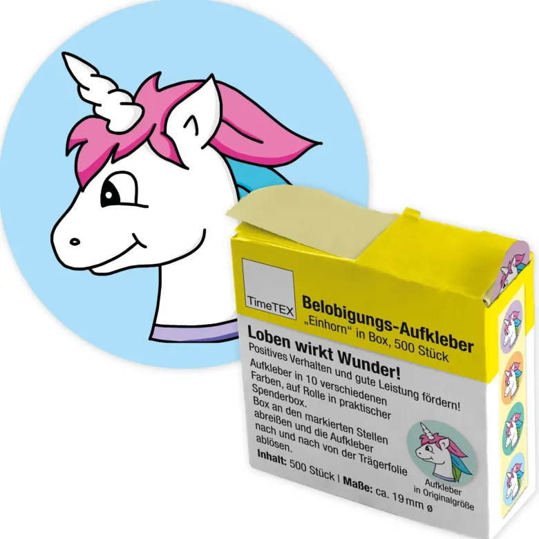 Belobigungs-Aufkleber "Einhorn" in Spender-Box, 500 Stück