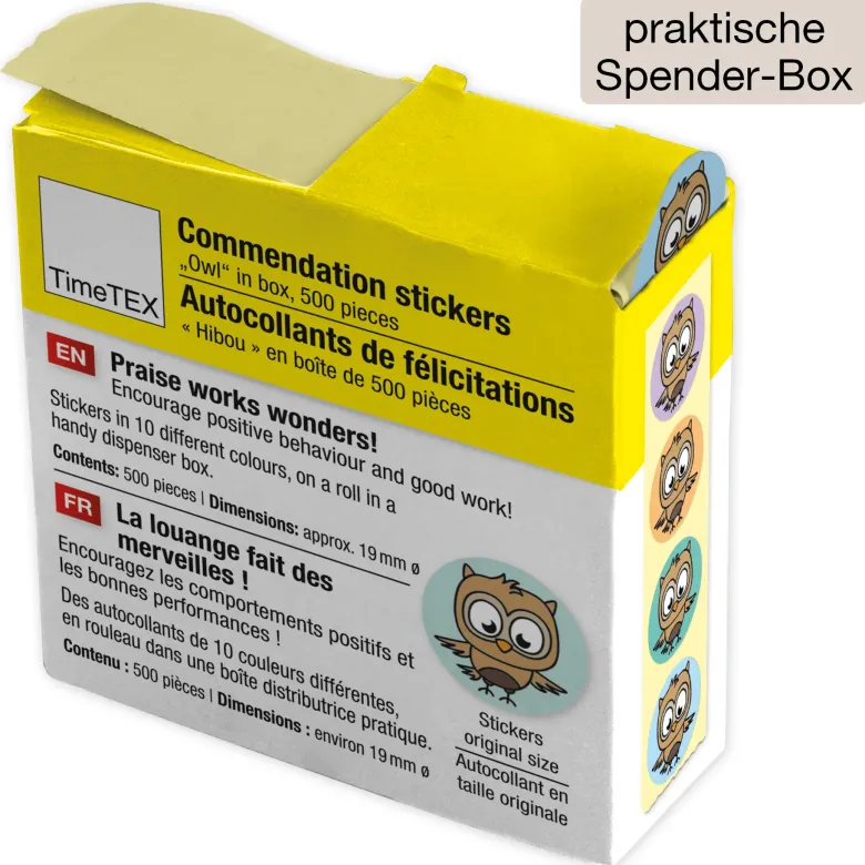 Belobigungs-Aufkleber "Eule" in Spender-Box, 500 Stück