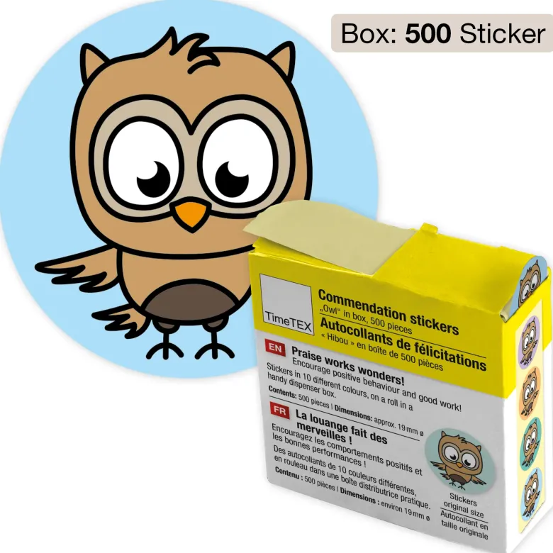 Belobigungs-Aufkleber "Eule" in Spender-Box, 500 Stück