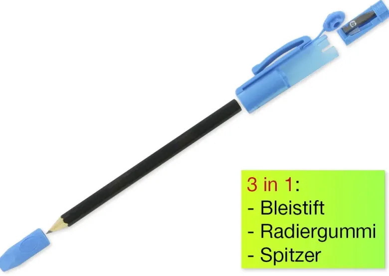 Bleistift "3in1", mit Spitzer und Radierkappe, 175mm
