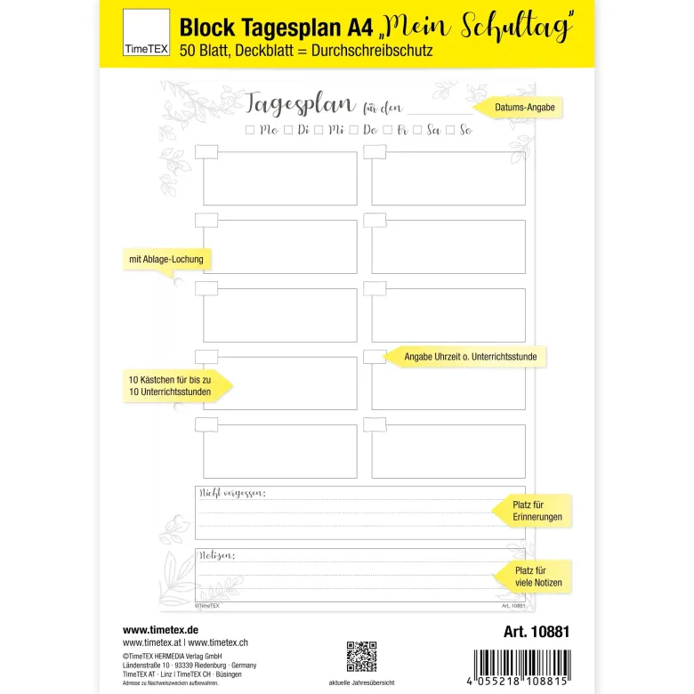 Block Tagesplan A4 "Mein Schultag", 50 Blatt