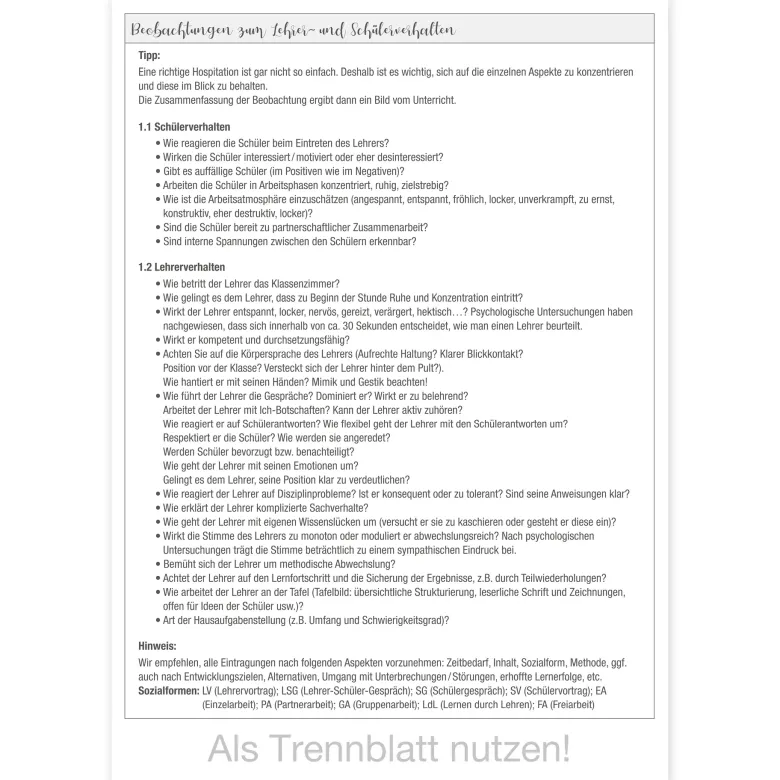 Block Unterrichts-Besuche A4 "Meine Hospitation", 50 Blatt