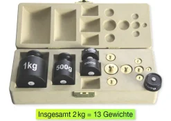 Gewichte-Satz für Tafelwaage, 2 kg, 13-tlg., in Klappdeckel-Box