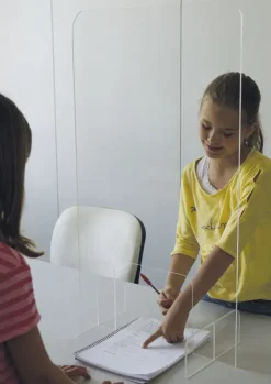 Hygiene-Schutzwand Standard L für Tische, mit Durchreiche