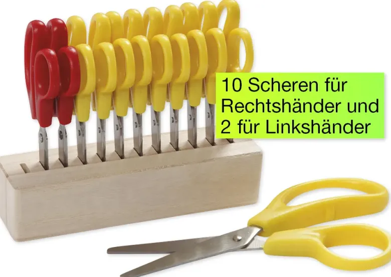 Kinderscheren mit großen Grifflöchern im Holzständer, 13-tlg.