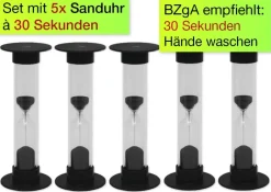 Sanduhren-Set 5-tlg., 10cm hoch, 2,5cm ø "Handwasch-Zeit 30 Sekunden"