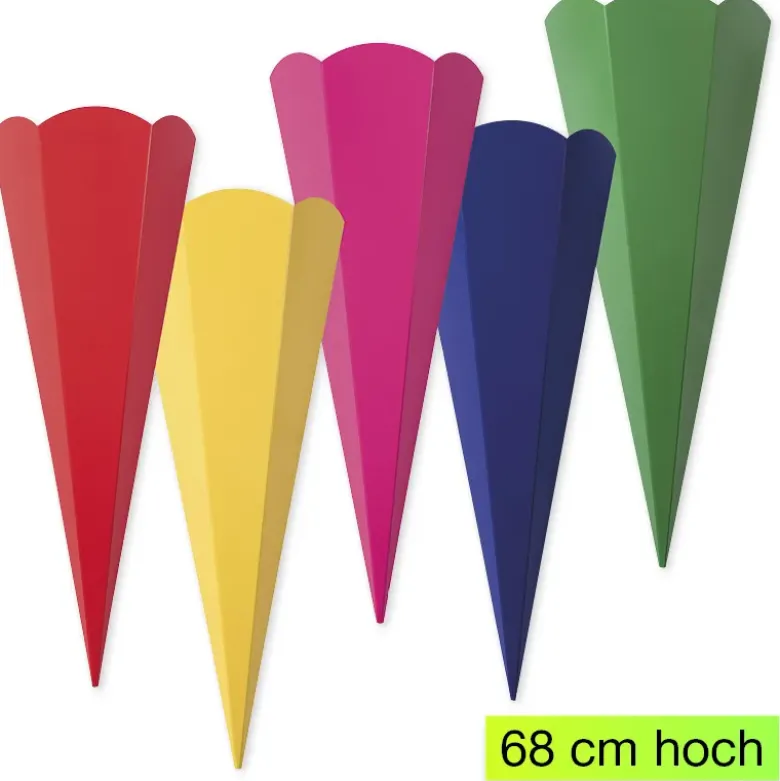 Schultüten zum Stecken, 68 cm hoch, 10 Stück in 5 Farben