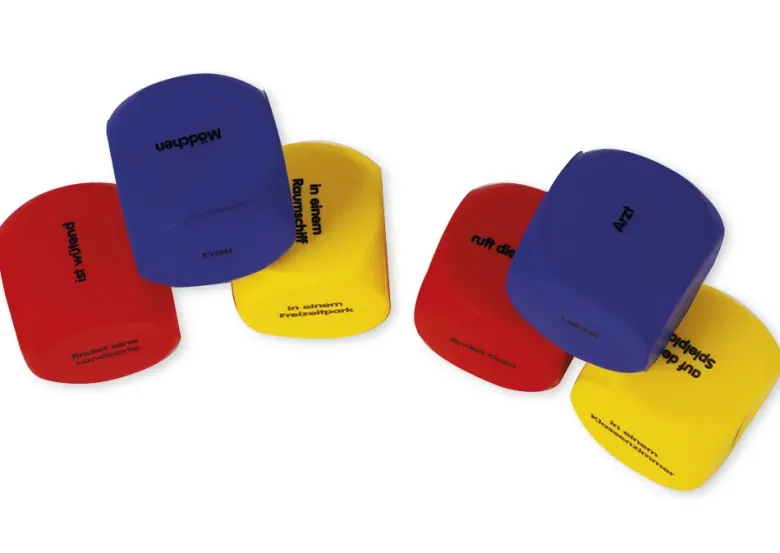 Set Flüster-Würfel 6-tlg. Deutsch "Geschichten-Einstieg", 4 cm