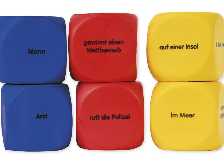 Set Flüster-Würfel 6-tlg. Deutsch "Geschichten-Einstieg", 4 cm