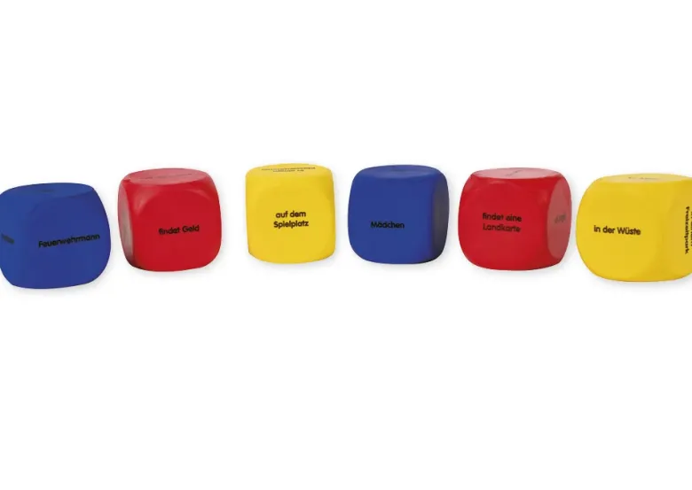 Set Flüster-Würfel 6-tlg. Deutsch "Geschichten-Einstieg", 4 cm