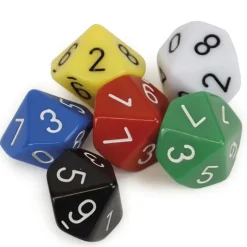 Set Würfel zehnseitig 0-9 (Einer), 6 Stück im Polybeutel