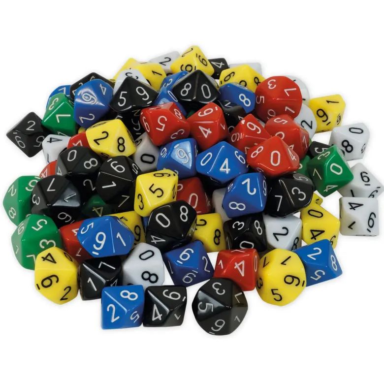 Set Würfel zehnseitig 0-9 (Einer), 100 Stück in Dose
