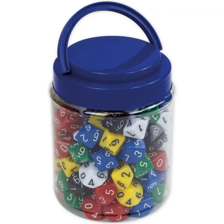Set Würfel zehnseitig 0-9 (Einer), 100 Stück in Dose