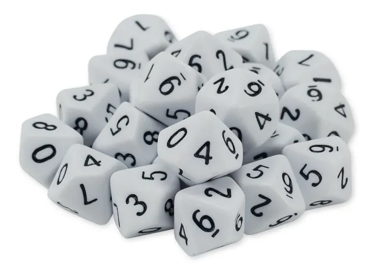 Set Zehnseitige Würfel in Dose, 0-9, weiß, 100 Stück
