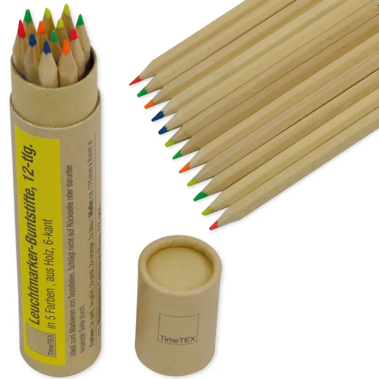TimeTEX Leuchtmarker-Buntstifte aus Holz, sechskant, 12-tlg. in 5 Farben